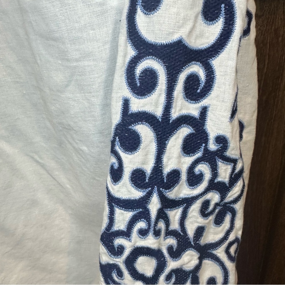 Lascana Linen Blend White Blouse with Navy Embroidery - Picture 3 of 6